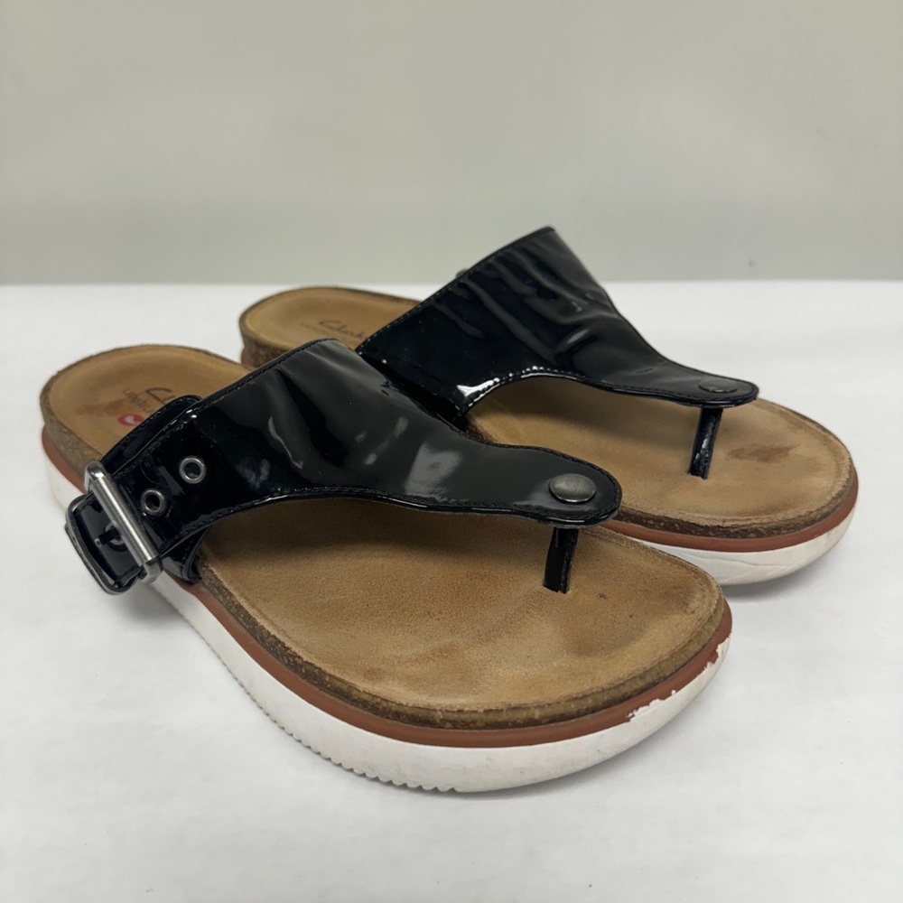 Clarks Elayne Strap Black Patent Leather Sandal Size 8‎
